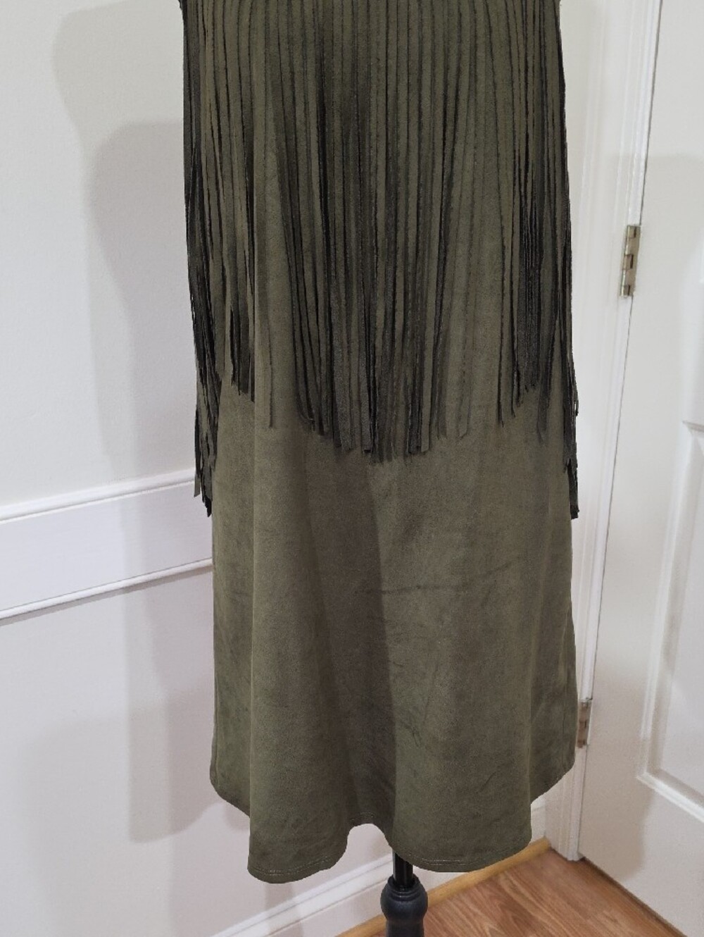 YA Los Angeles Olive Green Faux Suede Fringe Mini Dress - Size Small - Picture 3 of 13